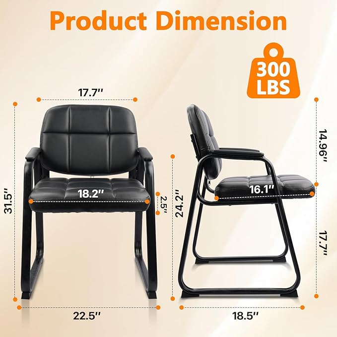 CLATINA Waiting Room Chairs with Padded Arms Leather Guest Chair no Wheels for Office Reception and Conference Desk with Sled Base Black