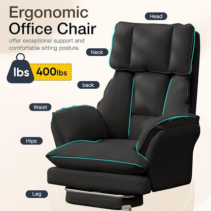 Cloud Cross Legged Office Chair with Footrest,Leather Big and Tall Executive Ergonomic Chair, Flip Armrests for Pets,155° Reclining Computer Wide Desk Chair for Home,Office (Black)
