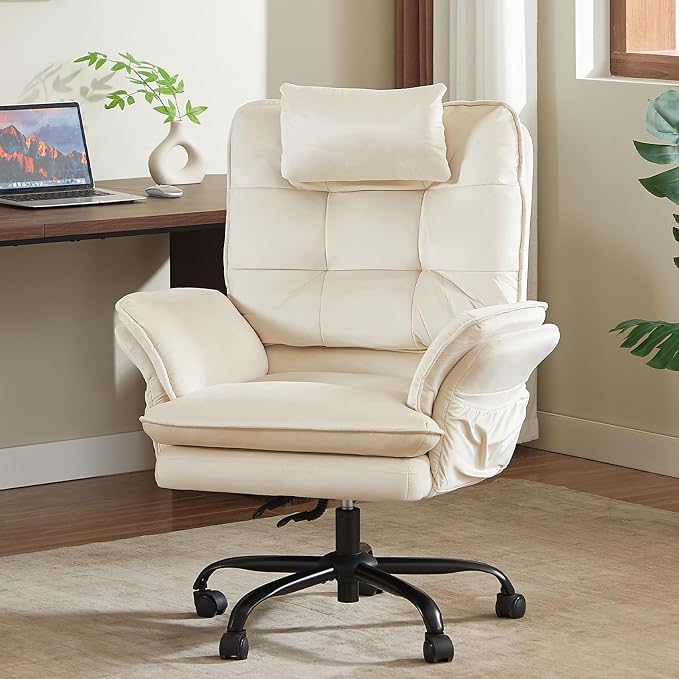 Bestier Criss Cross Chair with Flip-Up Armrests, Swivel Makeup Vanity Chair with Wheels & Side Pockets, Cross Legged Office Chair for Home Office, Bedroom (Beige Velvet, High Back)