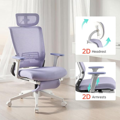Foldable Office Chair with Foot Rest, Ergonomic Office Chair with Adjustable Lumbar Support, Headrest, Armrest, Home Office Desk Chair for Space Saving, Work from Home, Purple