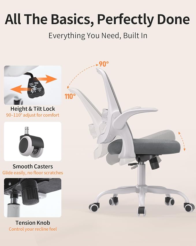Ergonomic Mesh Office Chair with Flip-Up Arms, Adjustable Height, Breathable Mesh Back & Thick Cushion Seat, 360° Swivel Rolling Computer Desk Chair, BIFMA Certified, Supports 302 lbs（Gray）