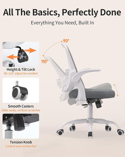 Ergonomic Mesh Office Chair with Flip-Up Arms, Adjustable Height, Breathable Mesh Back & Thick Cushion Seat, 360° Swivel Rolling Computer Desk Chair, BIFMA Certified, Supports 302 lbs（Gray）