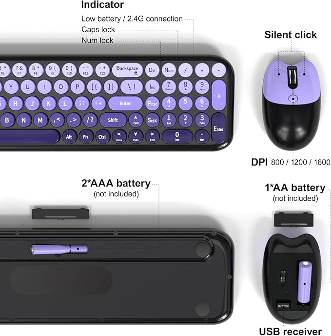 Dilter Wireless Keyboard and Mouse Combo, Portable Retro Keyboard with Compact Size, 2 in 1 USB Connected Mouse for Windows 7/8/10, Laptop, Desktop, PC, Computer (Black Purple)
