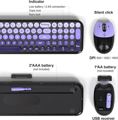 Dilter Wireless Keyboard and Mouse Combo, Portable Retro Keyboard with Compact Size, 2 in 1 USB Connected Mouse for Windows 7/8/10, Laptop, Desktop, PC, Computer (Black Purple)