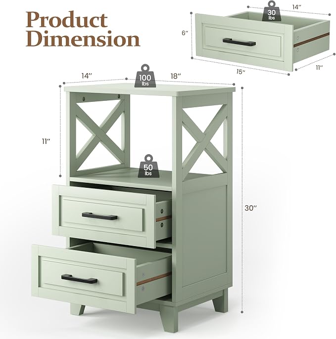 RoyalCraft 30" Tall Nightstand, Modern Painted Bedside Table with 2 Drawers and Open Shelf, Wood Side Table for Bedroom, Home Office, Green-Open Shelf Above, Set of 2