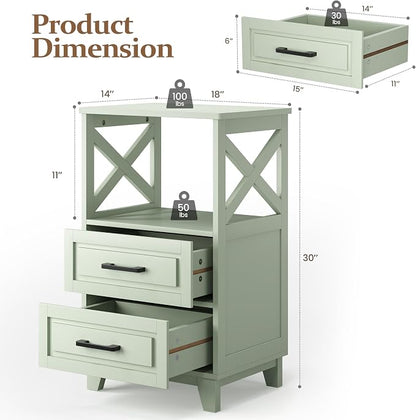 RoyalCraft 30" Tall Nightstand, Modern Painted Bedside Table with 2 Drawers and Open Shelf, Wood Side Table for Bedroom, Home Office, Green-Open Shelf Above, Set of 2