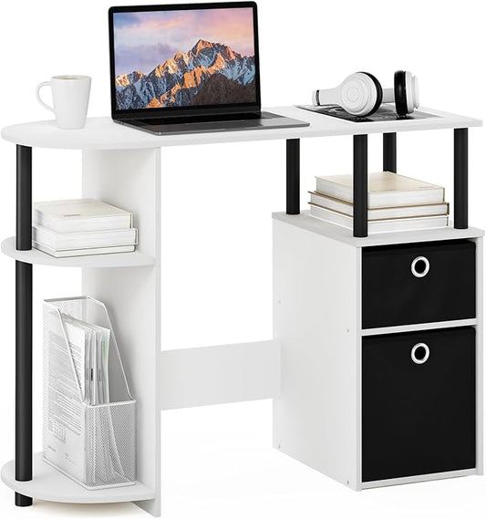Furinno Jaya Desk, 38.4" Wide Gaming Desk with Bin Drawers, Computer Desk with Side Shelf, Office Desk for Study, Home Office, Bedroom, Dorm, Study Room, White