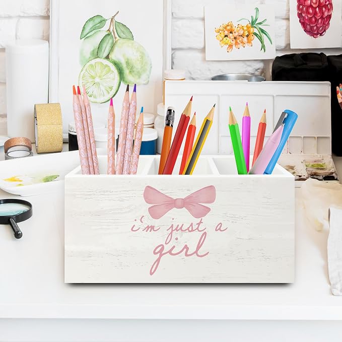 Pink Coquette Bow Preppy Pen Pencil Holder Organizer for Desk, Preppy Desk Decor, I'm Just a Girl Pink Wooden Box Sign for Girly Room Bedroom Dorm Tabletop Decorations
