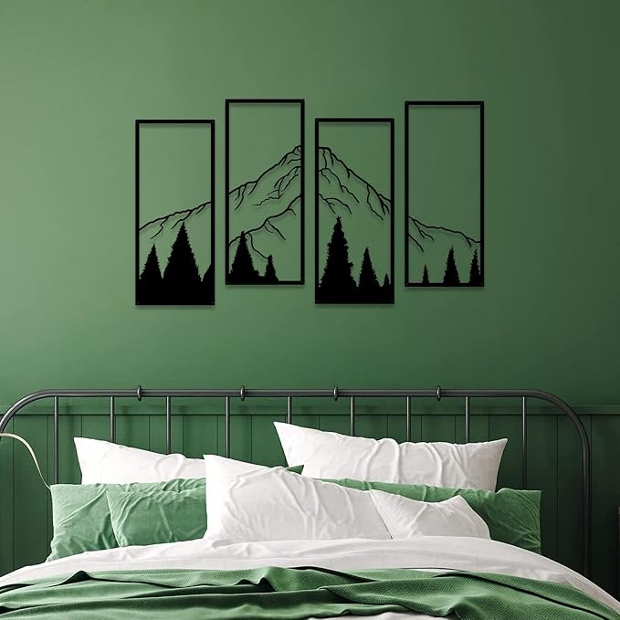 ruelen 4 Pcs Metal Mountain and Forest Wall Decorations, Minimalist Line Drawing Masculine Mountain Wall Art, Rustic Nature Hanging Wall Sculpture for Men Bedroom, Man Cave, Bachelor Pad, Office & Living Room Home Decor