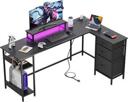 DEVAISE 66 Inch L Shaped Gaming Desk with Drawers and Storage, Corner Desk with LED Lights, Power Outlets, Computer Desk with Monitor Stand, Office Desk for Home, Black