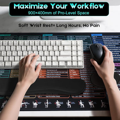 Excel Cheat Sheet Mouse Pad Set | 3-Piece XXL Ergonomic Desk Mat with Wrist Rest for Office & Gaming(Black)