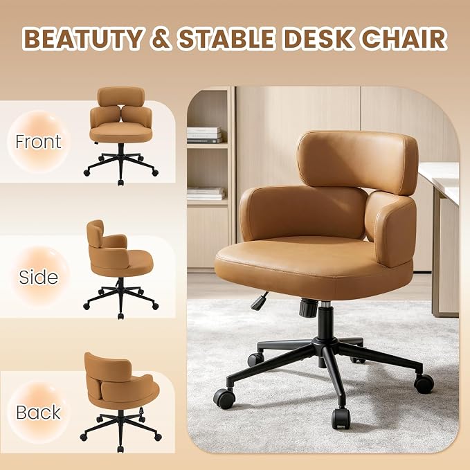 Leather Home Office Chair with Unique Curved Back, Wide Seat Computer Desk Chair with Wheels,Swivel Tilt & Height Adjustable,Matel Base for Home Office, PU Brown