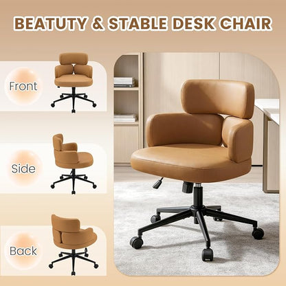 Leather Home Office Chair with Unique Curved Back, Wide Seat Computer Desk Chair with Wheels,Swivel Tilt & Height Adjustable,Matel Base for Home Office, PU Brown