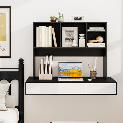 GOFLAME 4 Cubes Desktop Bookshelf, 37” Tabletop Wood Desk Shelf for Computer Monitor, Modern Countertop Desk Display Hutch Storage Organizer Shelf for Home Office, Dorm, Study, Black