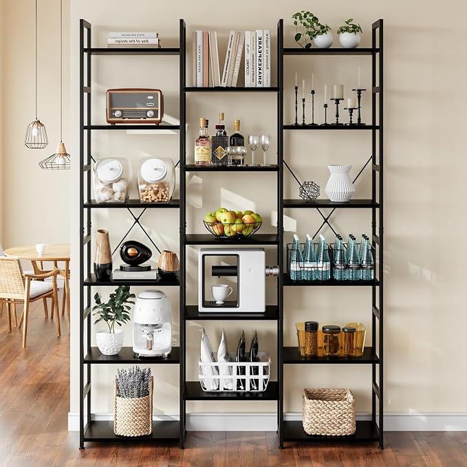 NUMENN Triple Column 6 Tier Bookshelf, Bookcase with 17 Open Display Shelves, Adjustable Rustic Industrial Style Book Shelves, Modern Bookshelves for Bedroom, Living Room and Home Office, Black