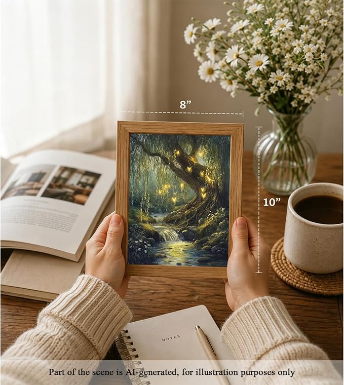 CXQILVER Vintage Enchanted Forest Framed Canvas Wall Art, Mystical Willow Tree and Glowing Butterflies Landscape Painting, Dark Cottagecore Nature Wall Decor for Bedroom Living Room Bathroom 8x10in