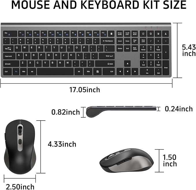 Wireless Mouse and Keyboard Combo, Full-Size Computer Keyboard with Calculator Button, 2400 Dpi Ergonomic Mouse, Ultra-Thin Cordless USB Keyboard and Mouse Set for Laptop Windows Mac - Grey