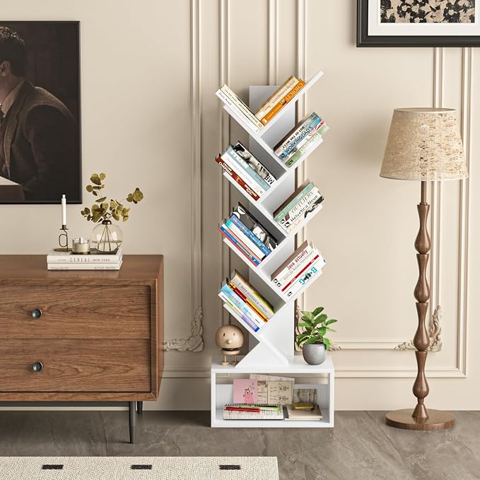 SHEEPAM 9 Tier Tree Bookshelf,Christmas Green Bookcase for Narrow Space, Storage Organizer Floor Standing Bookshelves for Books, Tall Book Case for Home Office, Living Room, Bedroom