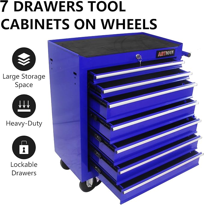 RYH 7 Drawers Rolling Tool Chest & Tool Box on Wheels | Heavy Duty Metal Cart with Ball Bearing Drawers | Fits US General Tool Box for Garage Storage (Blue, 7 Drawers（29.9" H × 24.2" W × 12.9" D)