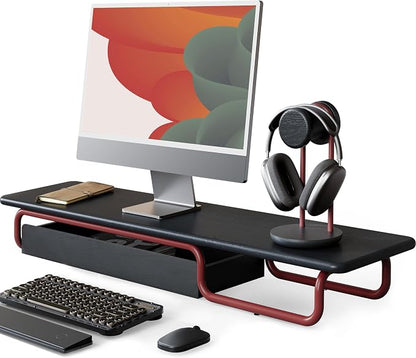 Fenge Dual Monitor Riser, 37 Inch Monitor Stand for Desk, Solid Wood Desk Shelf with Large Drawer Organizer, No Assembly Computer Stand for PC, Laptop, Printer, TV