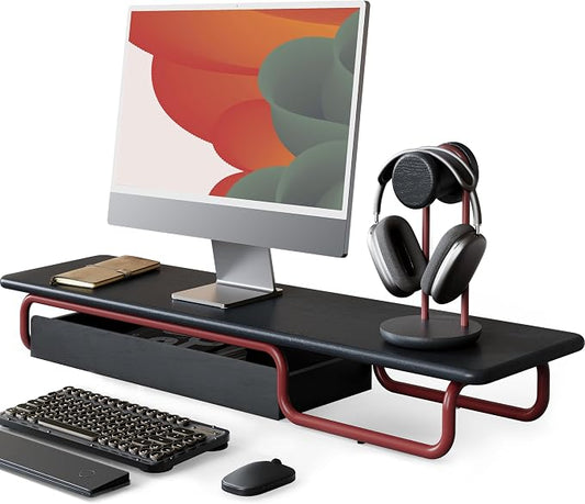 Fenge Dual Monitor Riser, 37 Inch Monitor Stand for Desk, Solid Wood Desk Shelf with Large Drawer Organizer, No Assembly Computer Stand for PC, Laptop, Printer, TV