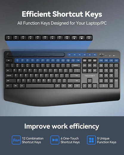 TECKNET Wireless Keyboard and Mouse Combo, Full Size Ergonomic Keyboard and Mouse with Wrist Rest & Phone Tablet Holder, Sleep Mode, 2.4G Lag-Free Cordless Silent Computer Mouse for Laptop PC Windows