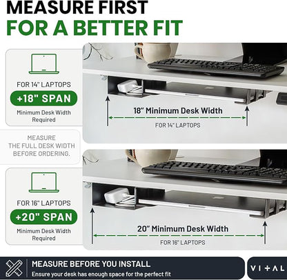 VI+AL Under Desk Laptop Mount - Hidden Metal Shelf with Side Storage, Hook & Cable Organizer - Installs with Tape & Screws - Fits Devices up to 1.7" Thick - Deluxe + LED (USB Light Strip & Remote)