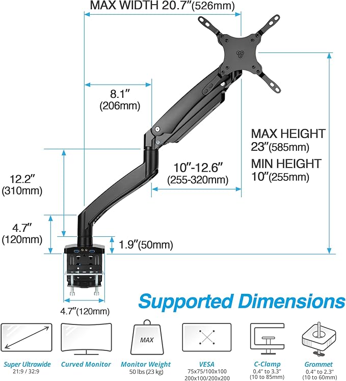 AVLT Single 17"-49" Super Ultrawide Monitor Arm Desk Mount for Screens up to 50 lbs, Premium Aluminum Stand, Adjustable Pneumatic Height, Full Motion Swivel Tilt Rotation, USB 3.0 & AUX Ports, Black