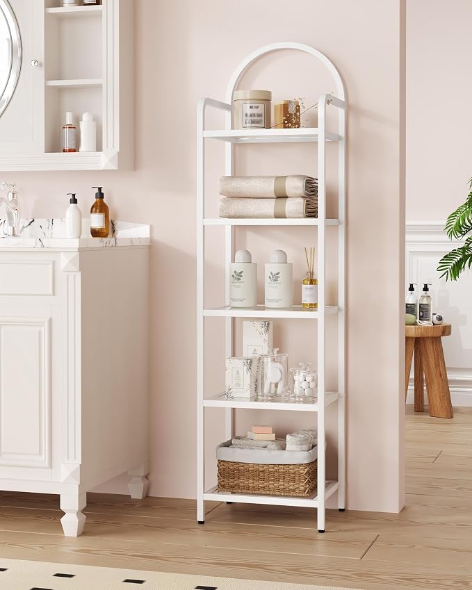 Hzuaneri Bookcase Bookshelf, Tempered Glass Bookshelves, Slim Shelving Unit for Bedroom, Bathroom, Home Office, Steel Frame, 5 Tier White BC05099W