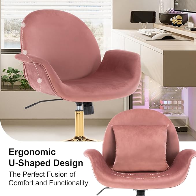 Pink Velvet Home Office Desk Chair with Gold Base for Women Girls, Swivel Makeup Vanity Chair with Pillow,Rose Upholstered Mid Back Adjustable Office Chair for Bedroom Living Room(Pink)