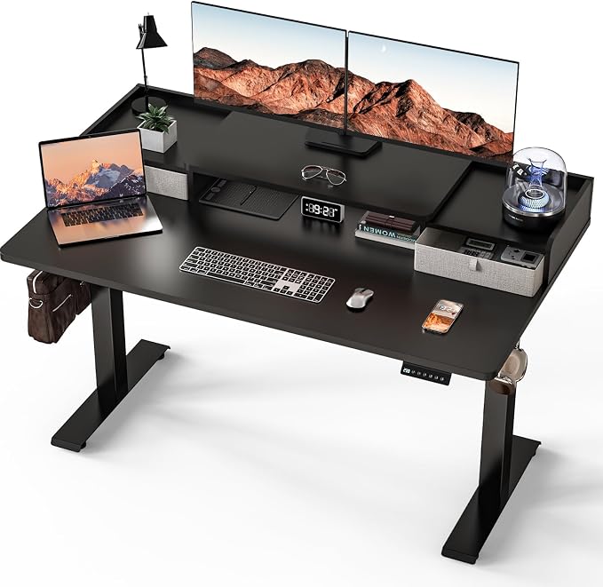Kingant 55 x 30 Inch Electric Standing Desk with Dual Drawers, Adjustable Height Computer Desk for Home Office, Large Workstation Sit Stand Up Desk with Built-in Storage Shelf, Black