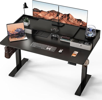 Kingant 55 x 30 Inch Electric Standing Desk with Dual Drawers, Adjustable Height Computer Desk for Home Office, Large Workstation Sit Stand Up Desk with Built-in Storage Shelf, Black