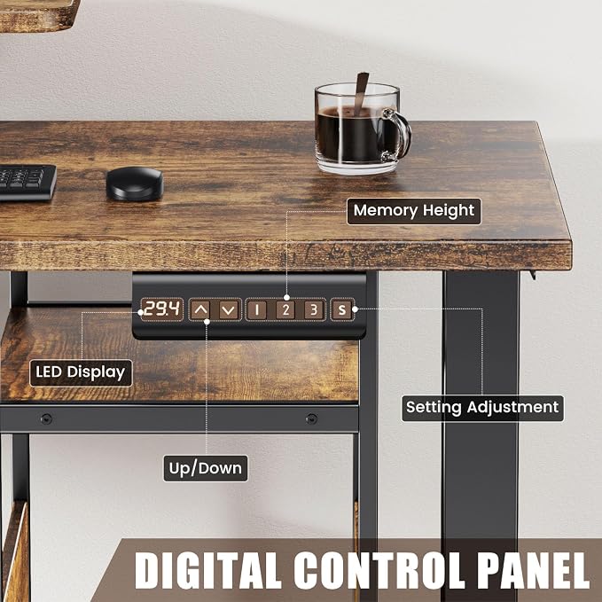 Flycity Electric L Shaped Standing Desk Adjustable Height, 67" x 47" Corner Computer Desk with Host Shelf, Gaming Desk with LED Lights & Power Outlet, Dual Motor Home Office Desk with Storage, Brown
