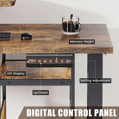 Flycity Electric L Shaped Standing Desk Adjustable Height, 67" x 47" Corner Computer Desk with Host Shelf, Gaming Desk with LED Lights & Power Outlet, Dual Motor Home Office Desk with Storage, Brown