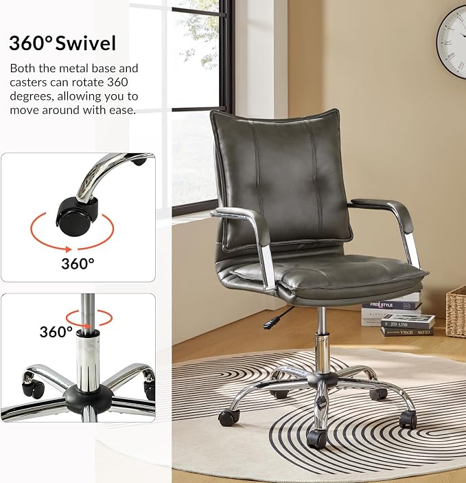 HULALA HOME Faux Leather Home Office Desk Chair, Adjustable Swivel Computer Chair with Sliver Legs and Arms, Comfy Upholstered Task Chair(Grey)