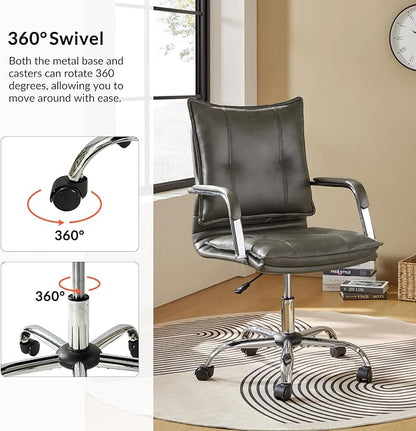 HULALA HOME Faux Leather Home Office Desk Chair, Adjustable Swivel Computer Chair with Sliver Legs and Arms, Comfy Upholstered Task Chair(Grey)
