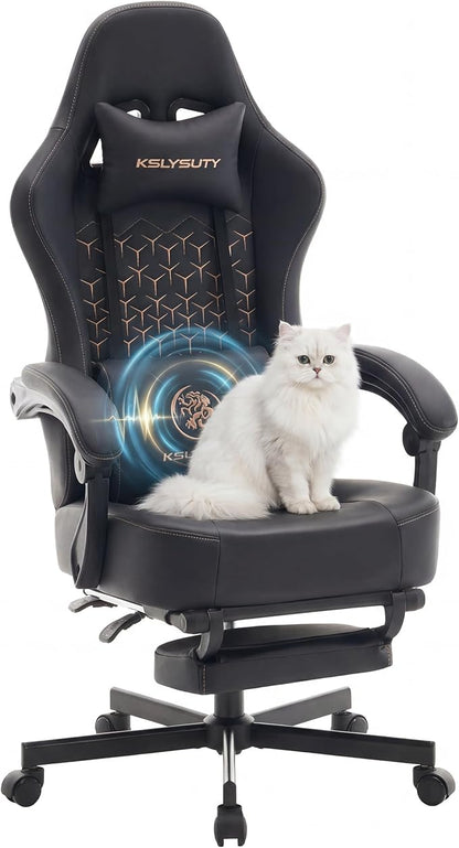 Desk Computer Gaming Chair - Ergonomic Game Office Chair with Extended Footrest and Massage Lumbar Support, Home Gamer Video Game Chairs with Spring Cushion for Adults (Pro Black Leather)