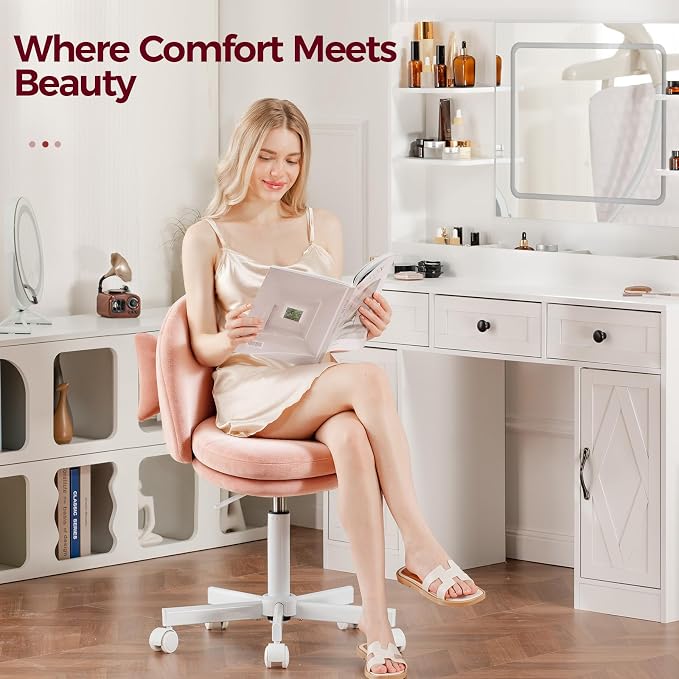 GTPLAYER Velvet Tall Office Chair with Wheels Vanity Chairs with Back, Versatile Height Use: Office to Bar Stools Small Ergonomic Comfy Armlees Computer Desk Chair with Bow Lumbar Pillow for Gift