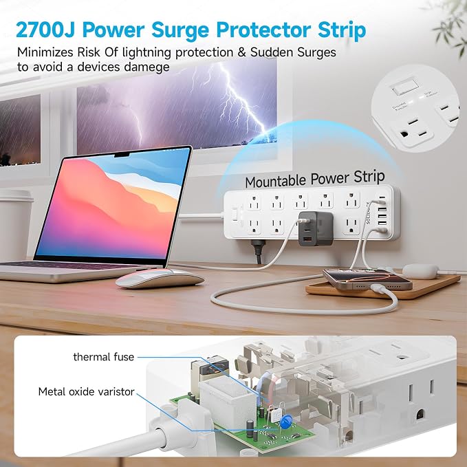Power Strip Surge Protector Flat Plug with 20 AC Outlets 6 USB Chagring Ports, 1875W/15A, 2700J, 10 Ft Heavy Duty Extension Cord for Home, Office, Dorm, Gaming,ETL Listed (White, 10FT)