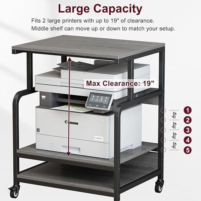 Large Printer Table with Storage, 3 Tier Printer Stand with Wheels, Printer Cart for Home Office, Desk for Printer, Paper Shredder, Scanner, Gray