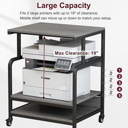 Large Printer Table with Storage, 3 Tier Printer Stand with Wheels, Printer Cart for Home Office, Desk for Printer, Paper Shredder, Scanner, Gray