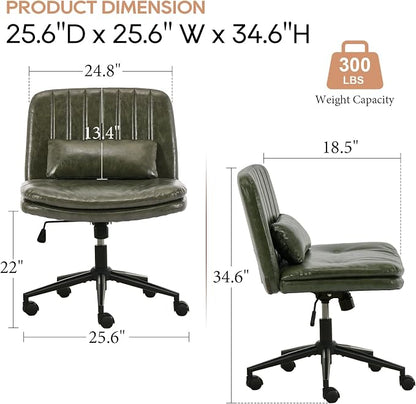 IPKIG Criss Cross Chair, Small Armless Desk Office Computer Chair with Wheels and Lumbar Pillow, Comfy Adjustable Swivel Task Vanity Chair Faux Leather, Green