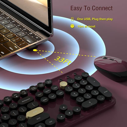 Links9+ Retro Wireless Keyboard and Mouse Combo, 104-Key Full-Size Floating Round Keycaps, 2.4G Plug & Play, USB & Type-C Ready, Ergonomic Set for Mac, Laptop, PC, Windows (Burgundy-Black)