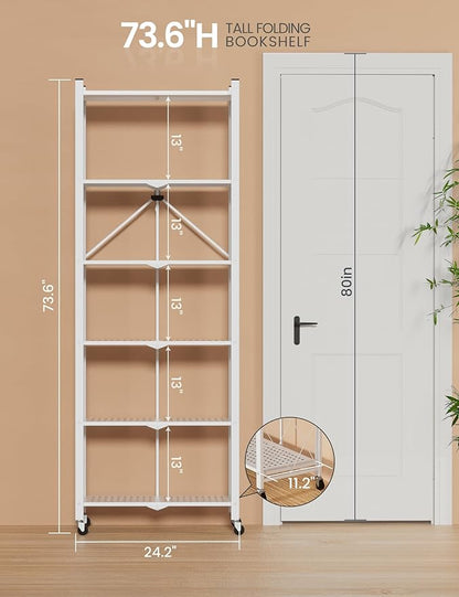 ALANNG 73.6 Inch Folding Bookshelf, 6 Tier Metal Bookcase and Bookshelves, Tall Shelves for Living Room Office Bedroom, Heavy Duty Book Shelve Free Standing Open (White, 3PACK)