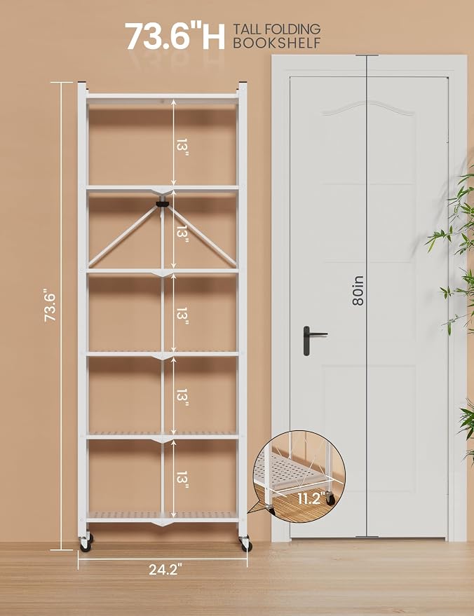 ALANNG 73.6 Inch Folding Bookshelf, 6 Tier Metal Bookcase and Bookshelves, Tall Shelves for Living Room Office Bedroom, Heavy Duty Book Shelve Free Standing Open (White, 4PACK)