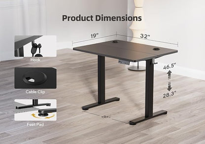 YDN Electric Standing Desk Adjustable Height, 32 x 19 Inches Stand up Desk with Cable Management, Home Office Desks with Splice Board & Black Frame, Black Top