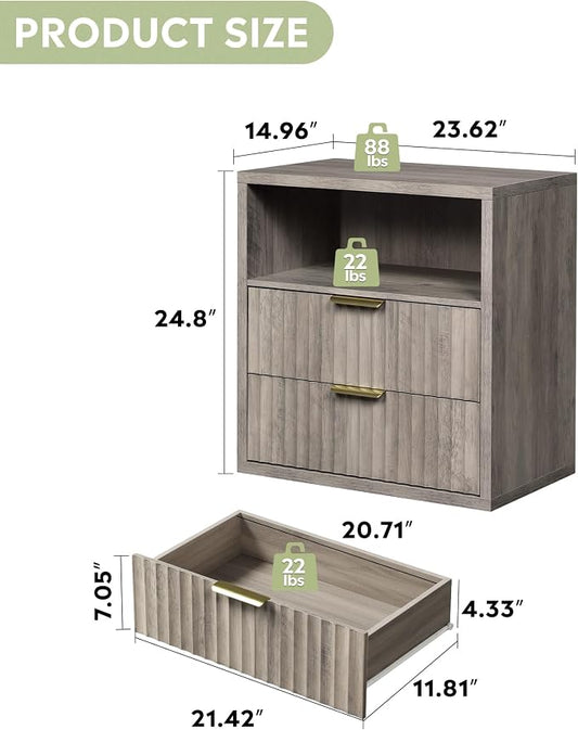 WLIVE Fluted Night Stand Set 2, Wood Nightstands Sets of 2 with Storage Drawers and Open Shelf, Mid Century Modern Bed Side Tables for Bedroom, Dorm, Greige
