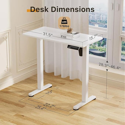 JOY worker Small Electric Standing Desk, 31.5" x 15.75" Whole Piece Height Adjustable Desk with Memory Controller, White Sit to Stand Workstation for Home Office