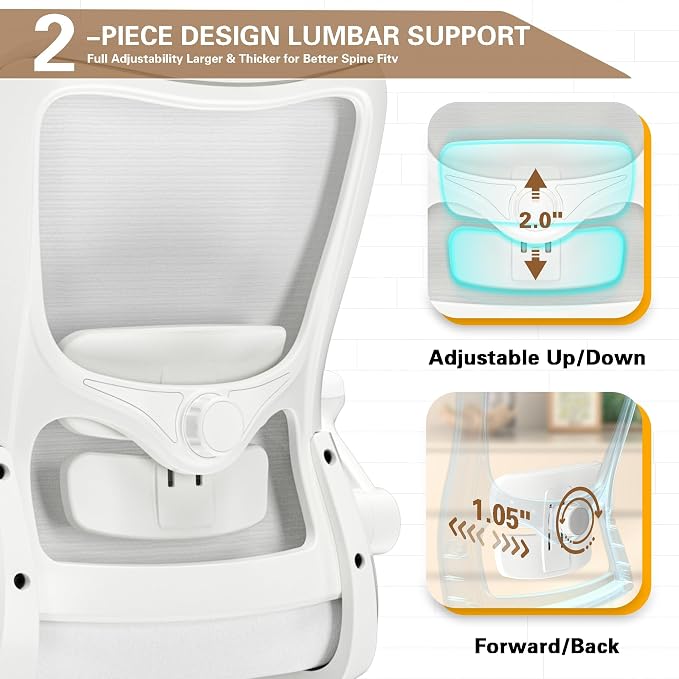 Ergonomic Office Chair for Long Hours, Padded Lumbar Support for Lower Back Relief, 330 lb Capacity, Comfortable Computer Desk Chair for Home Office, Computer & Study