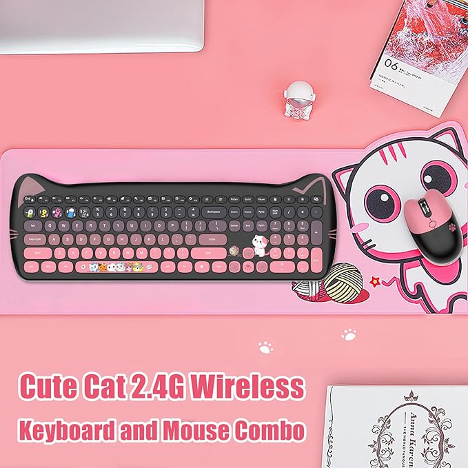 Cute Cat 2.4G USB Wireless Keyboard and Mouse Combo, Silent Keys, Candy Colors, Compatible with Notebook, PC (BlackPink-110Keys)